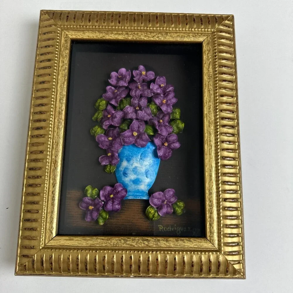 Vintage 97s Handmade ART Work Artist signed 3D Purple Flowers Gold Frame
